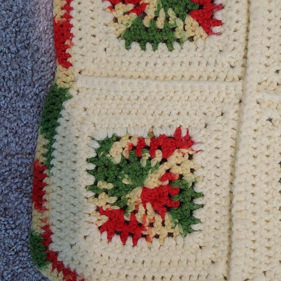 Handmade Crocheted Butter Yellow Red Green Throw Lap Blanket Afghan Granny 24x30 - Picture 7 of 11